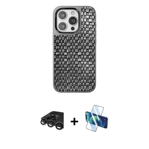 ieg™ iPhone 15 Pro Max Kılıf Siluet Form Serisi - Siyah 3D Antistatik Seramik Nano Ekran Koruyucu + Raze Metal Kamera Lens - TMGI