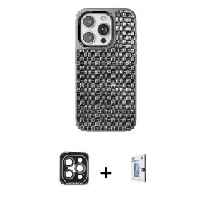 ieg™ iPhone 15 Pro Max Kılıf Siluet Form Serisi - Siyah Bilvis 0.18mm Plus Cam Ekran Koruyucu + PVD Metal Kamera Lens - GI
