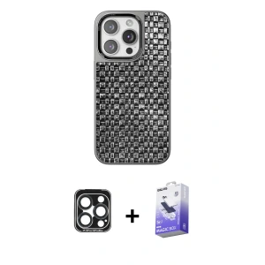 ieg™ iPhone 15 Pro Max Kılıf Siluet Form Serisi - Siyah Bilvis 5in1 5D Magic Hayalet Cam Ekran Koruyucu + PVD Metal Kamera Lens - LT