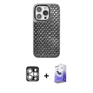 ieg™ iPhone 15 Pro Max Kılıf Siluet Form Serisi - Siyah Bilvis 5in1 5D Magic Hayalet Cam Ekran Koruyucu + PVD Metal Kamera Lens - GS