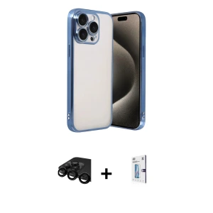 ieg™ iPhone 15 Pro Max Kılıf Vadi Minimal - Siyah Bilvis 0.18mm Plus Cam Ekran Koruyucu + Raze Metal Kamera Lens - SH