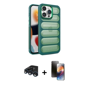 ieg™ iPhone 15 Pro Max Kılıf Yadigar Doku Özel Seri - Siyah 3D Antistatik Mat Seramik Nano Ekran Koruyucu + Raze Metal Kamera Lens - LT