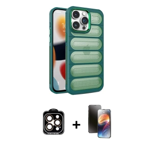 ieg™ iPhone 15 Pro Max Kılıf Yadigar Doku Özel Seri - Siyah 3D Antistatik Mat Seramik Nano Ekran Koruyucu + PVD Metal Kamera Lens - TU