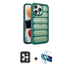 ieg™ iPhone 15 Pro Max Kılıf Yadigar Doku Özel Seri - Siyah 3D Antistatik Seramik Nano Ekran Koruyucu + PVD Metal Kamera Lens - SH