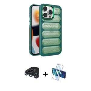 ieg™ iPhone 15 Pro Max Kılıf Yadigar Doku Özel Seri - Siyah 3D Antistatik Seramik Nano Ekran Koruyucu + Raze Metal Kamera Lens - LT