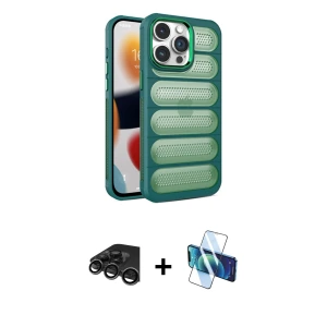 ieg™ iPhone 15 Pro Max Kılıf Yadigar Doku Özel Seri - Siyah 3D Antistatik Seramik Nano Ekran Koruyucu + Raze Metal Kamera Lens - TMGI