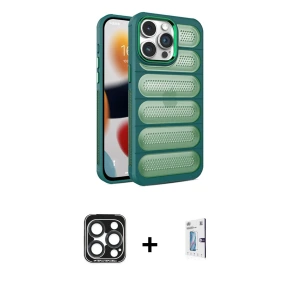 ieg™ iPhone 15 Pro Max Kılıf Yadigar Doku Özel Seri - Siyah Bilvis 0.18mm Plus Cam Ekran Koruyucu + PVD Metal Kamera Lens - LT