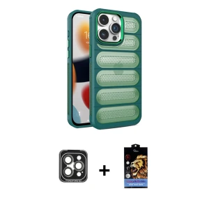 ieg™ iPhone 15 Pro Max Kılıf Yadigar Doku Özel Seri - Siyah Buffer Hayalet Cam Ekran Koruyucu + PVD Metal Kamera Lens - GI