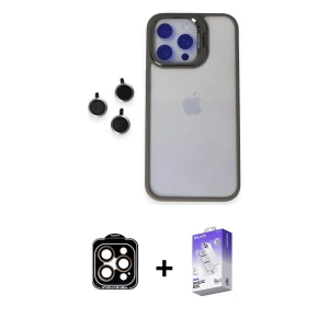 ieg™ iPhone 15 Pro Max Kılıf Yankı Asil Serisi - Siyah Bilvis 5in1 3D Magic Cam Ekran Koruyucu + PVD Metal Kamera Lens - TU