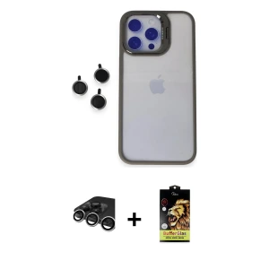 ieg™ iPhone 15 Pro Max Kılıf Yankı Asil Serisi - Siyah Buffer Cam Ekran Koruyucu + Raze Metal Kamera Lens - GS