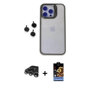 ieg™ iPhone 15 Pro Max Kılıf Yankı Asil Serisi - Siyah Buffer Hayalet Cam Ekran Koruyucu + Raze Metal Kamera Lens - GS
