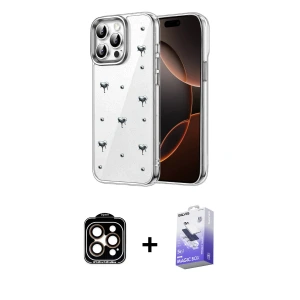 ieg™ iPhone 15 Pro Max Kılıf Yörünge Form - Siyah Bilvis 5in1 5D Magic Hayalet Cam Ekran Koruyucu + PVD Metal Kamera Lens - TU