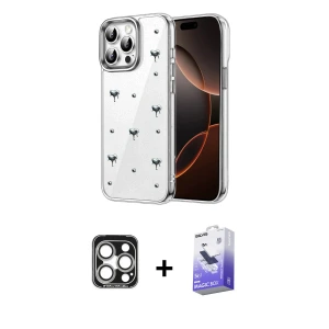 ieg™ iPhone 15 Pro Max Kılıf Yörünge Form - Siyah Bilvis 5in1 5D Magic Hayalet Cam Ekran Koruyucu + PVD Metal Kamera Lens - GS