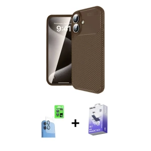 ieg™ iPhone 16 Kılıf Eksen Form Prime - Siyah Bilvis 5in1 5D Magic Hayalet Cam Ekran Koruyucu + Raze Metal Kamera Lens - LT