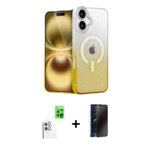 ieg™ iPhone 16 Plus Kılıf Eksen Minimal Özel Seri - Siyah 3D Antistatik Hayalet Cam Ekran Koruyucu + Raze Metal Kamera Lens - BZ