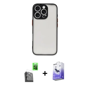 ieg™ iPhone 16 Pro Kılıf Ahenk Çizgi Serisi - Siyah Bilvis 5in1 5D Magic Hayalet Cam Ekran Koruyucu + Raze Metal Kamera Lens - SH