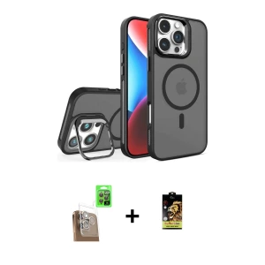 ieg™ iPhone 16 Pro Kılıf Akış Form - Siyah Buffer Cam Ekran Koruyucu + Raze Metal Kamera Lens - CLTM