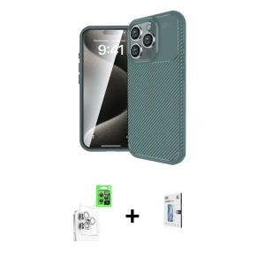 ieg™ iPhone 16 Pro Kılıf Eksen Form Prime - Siyah Bilvis 0.18mm Plus Cam Ekran Koruyucu + Raze Metal Kamera Lens - BZ