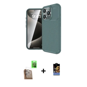ieg™ iPhone 16 Pro Kılıf Eksen Form Prime - Siyah Buffer Hayalet Cam Ekran Koruyucu + Raze Metal Kamera Lens - CLTM