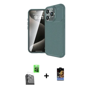 ieg™ iPhone 16 Pro Kılıf Eksen Form Prime - Siyah Buffer Hayalet Cam Ekran Koruyucu + Raze Metal Kamera Lens - SH