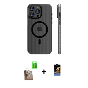 ieg™ iPhone 16 Pro Kılıf Pusula Minimal Koleksiyonu - Siyah Buffer Hayalet Cam Ekran Koruyucu + Raze Metal Kamera Lens - CLTM