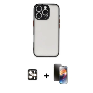 ieg™ iPhone 16 Pro Max Kılıf Ahenk Çizgi Serisi - Siyah 3D Antistatik Mat Seramik Nano Ekran Koruyucu + PVD Metal Kamera Lens - GD