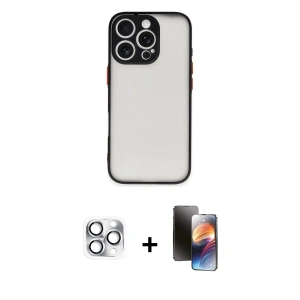 ieg™ iPhone 16 Pro Max Kılıf Ahenk Çizgi Serisi - Siyah 3D Antistatik Mat Seramik Nano Ekran Koruyucu + Pers Alüminyum Kamera Lens - GS