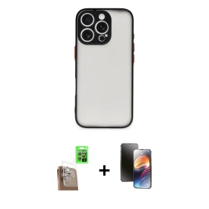 ieg™ iPhone 16 Pro Max Kılıf Ahenk Çizgi Serisi - Siyah 3D Antistatik Mat Seramik Nano Ekran Koruyucu + Raze Metal Kamera Lens - CLTM