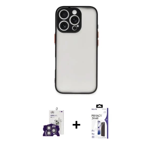 ieg™ iPhone 16 Pro Max Kılıf Ahenk Çizgi Serisi - Siyah Bilvis 3X AR Hayalet Cam Ekran Koruyucu + Bilvis Titan Kamera Lens - GS