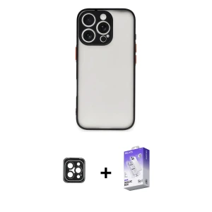 ieg™ iPhone 16 Pro Max Kılıf Ahenk Çizgi Serisi - Siyah Bilvis 5in1 3D Magic Cam Ekran Koruyucu + PVD Metal Kamera Lens - SH