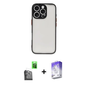 ieg™ iPhone 16 Pro Max Kılıf Ahenk Çizgi Serisi - Siyah Bilvis 5in1 3D Magic Cam Ekran Koruyucu + Raze Metal Kamera Lens - SH
