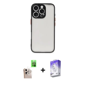 ieg™ iPhone 16 Pro Max Kılıf Ahenk Çizgi Serisi - Siyah Bilvis 5in1 3D Magic Cam Ekran Koruyucu + Raze Metal Kamera Lens - NLGY