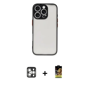 ieg™ iPhone 16 Pro Max Kılıf Ahenk Çizgi Serisi - Siyah Buffer Cam Ekran Koruyucu + PVD Metal Kamera Lens - GS