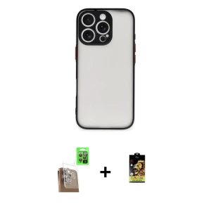 ieg™ iPhone 16 Pro Max Kılıf Ahenk Çizgi Serisi - Siyah Buffer Cam Ekran Koruyucu + Raze Metal Kamera Lens - CLTM