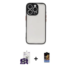 ieg™ iPhone 16 Pro Max Kılıf Ahenk Çizgi Serisi - Siyah Buffer Hayalet Cam Ekran Koruyucu + Bilvis Titan Kamera Lens - GS