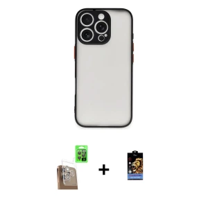 ieg™ iPhone 16 Pro Max Kılıf Ahenk Çizgi Serisi - Siyah Buffer Hayalet Cam Ekran Koruyucu + Raze Metal Kamera Lens - CLTM