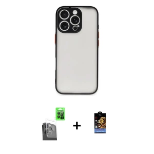 ieg™ iPhone 16 Pro Max Kılıf Ahenk Çizgi Serisi - Siyah Buffer Hayalet Cam Ekran Koruyucu + Raze Metal Kamera Lens - SH