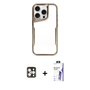 ieg™ iPhone 16 Pro Max Kılıf Akış Çizgi Koleksiyonu - Siyah Bilvis 3X AR HD Cam Ekran Koruyucu + PVD Metal Kamera Lens - GD