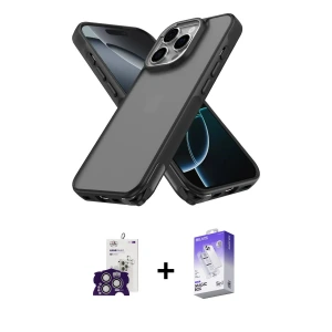 ieg™ iPhone 16 Pro Max Kılıf Atlas Form - Siyah Bilvis 5in1 3D Magic Cam Ekran Koruyucu + Bilvis Titan Kamera Lens - GS