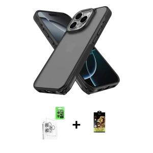 ieg™ iPhone 16 Pro Max Kılıf Atlas Form - Siyah Buffer Cam Ekran Koruyucu + Raze Metal Kamera Lens - BZ