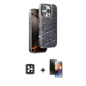 ieg™ iPhone 16 Pro Max Kılıf Atlas Minimal Özel Seri - Siyah 3D Antistatik Mat Seramik Nano Ekran Koruyucu + PVD Metal Kamera Lens - SH