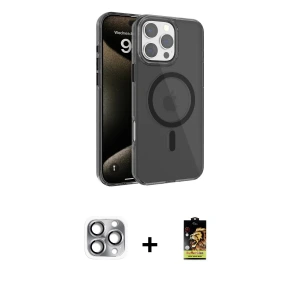 ieg™ iPhone 16 Pro Max Kılıf Doruk Doku Özel Seri - Siyah Buffer Cam Ekran Koruyucu + Pers Alüminyum Kamera Lens - GI