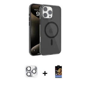 ieg™ iPhone 16 Pro Max Kılıf Doruk Doku Özel Seri - Siyah Buffer Hayalet Cam Ekran Koruyucu + Pers Alüminyum Kamera Lens - GS