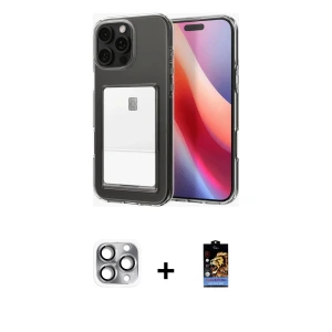 ieg™ iPhone 16 Pro Max Kılıf Doruk Klasik Koleksiyonu - Siyah Buffer Hayalet Cam Ekran Koruyucu + Pers Alüminyum Kamera Lens - GI