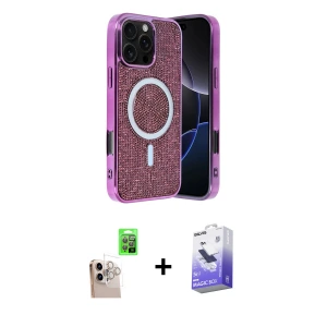 ieg™ iPhone 16 Pro Max Kılıf Eksen Çizgi - Siyah Bilvis 5in1 5D Magic Hayalet Cam Ekran Koruyucu + Raze Metal Kamera Lens - NLGY