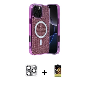 ieg™ iPhone 16 Pro Max Kılıf Eksen Çizgi - Siyah Buffer Cam Ekran Koruyucu + Pers Alüminyum Kamera Lens - GI
