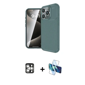ieg™ iPhone 16 Pro Max Kılıf Eksen Form Prime - Siyah 3D Antistatik Seramik Nano Ekran Koruyucu + PVD Metal Kamera Lens - GS
