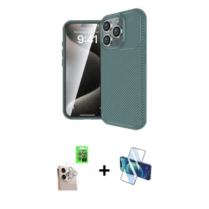 ieg™ iPhone 16 Pro Max Kılıf Eksen Form Prime - Siyah 3D Antistatik Seramik Nano Ekran Koruyucu + Raze Metal Kamera Lens - NLGY