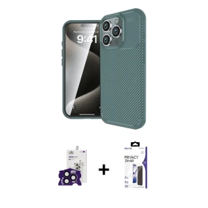 ieg™ iPhone 16 Pro Max Kılıf Eksen Form Prime - Siyah Bilvis 3X AR Hayalet Cam Ekran Koruyucu + Bilvis Titan Kamera Lens - SH