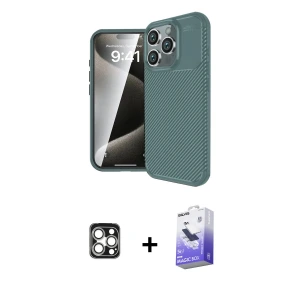 ieg™ iPhone 16 Pro Max Kılıf Eksen Form Prime - Siyah Bilvis 5in1 5D Magic Hayalet Cam Ekran Koruyucu + PVD Metal Kamera Lens - GS